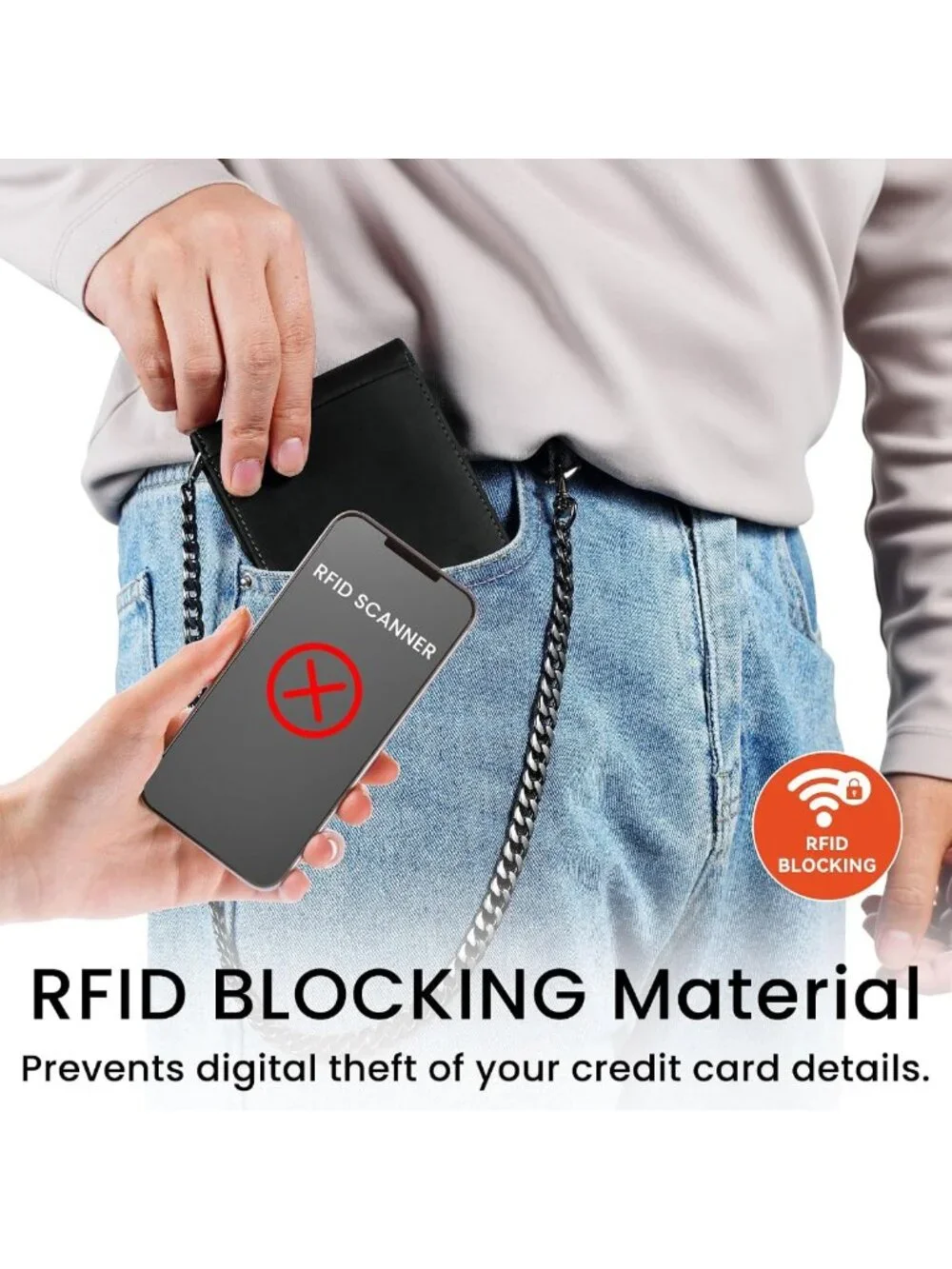 Stylish Genuine Leather RFID Wallet with Anti-Theft Chain | Biker Card Holder